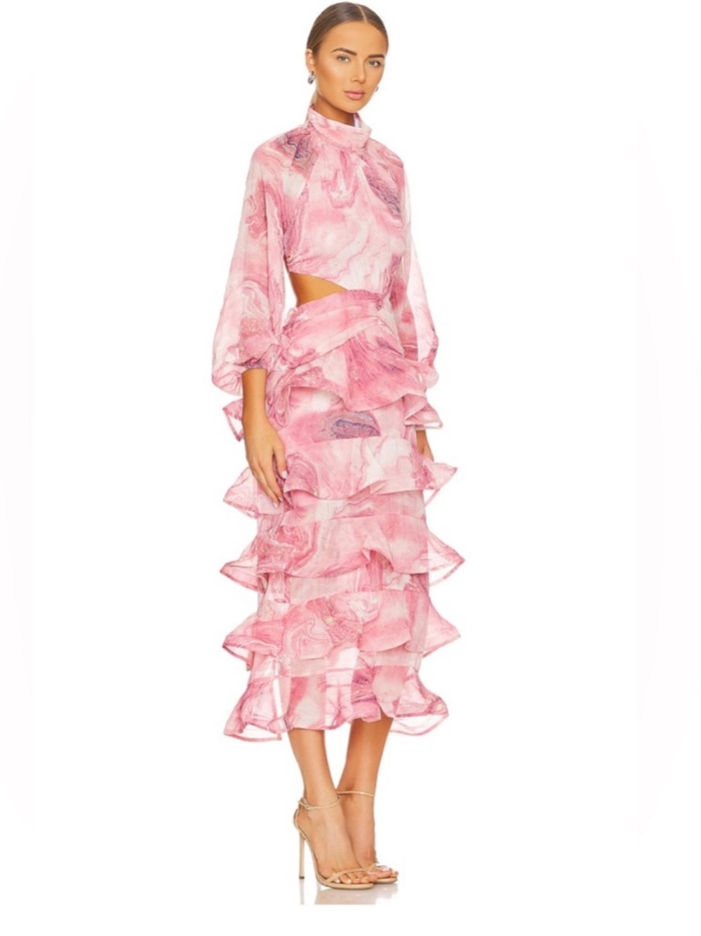 Pink Marble-Print Cutout Ruffle Midi Dress